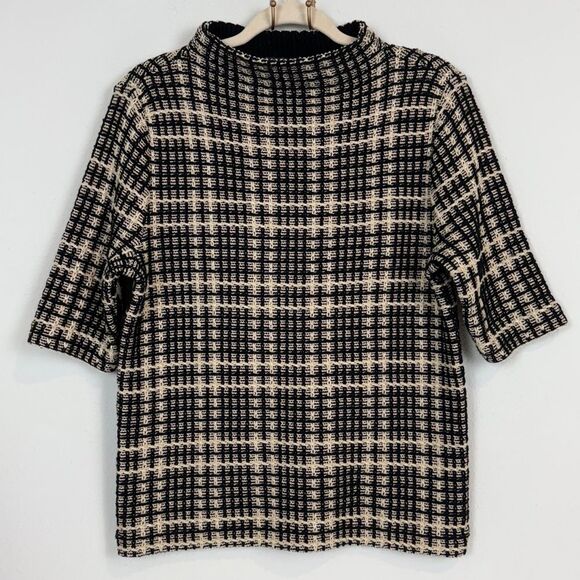 Ann Taylor Black Taupe Gold Knit Mock Neck Short Sleeve Sweater M - Picture 1 of 6